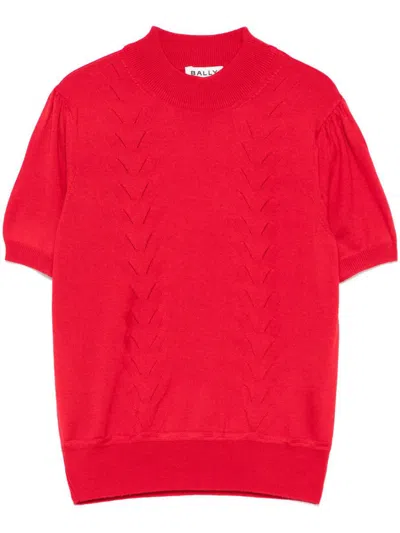 Bally Ribbed High Neck Short Sleeve Top In Swiss Red