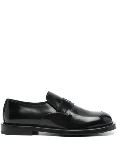 Moschino Leather Square Toe Loafers With Stacked Heel In Black