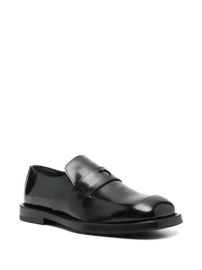 Moschino Leather Square Toe Loafers With Stacked Heel In Black