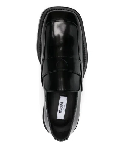 Moschino Leather Square Toe Loafers With Stacked Heel In Black