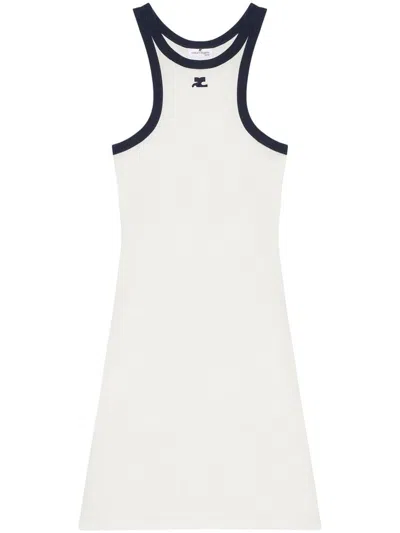 Courrèges White Cotton Mini Dress With Navy Blue Details And Halter Neck In White