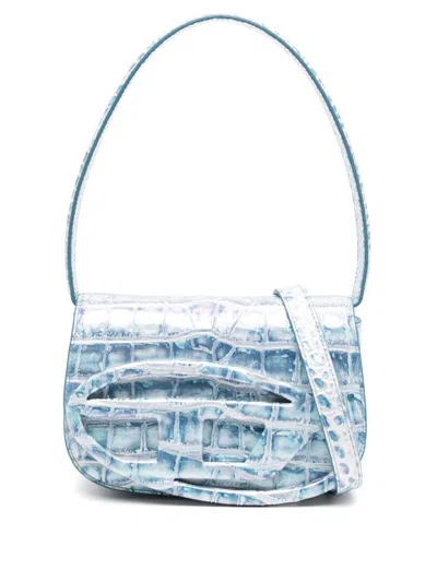 Diesel Croco-embossed Leather 1dr Shoulder Bag In Blue