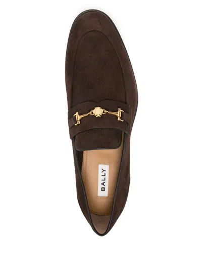 Bally Stacked Heel Suede Loafers Gold Hardware In Ebony