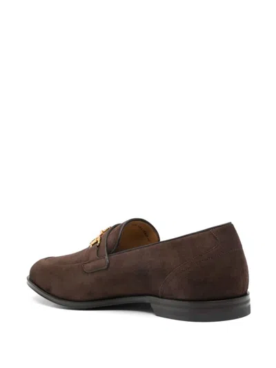 Bally Stacked Heel Suede Loafers Gold Hardware In Ebony