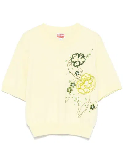 Kenzo Crew Neck Floral Embroidery Top In Yellow