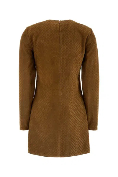 Gucci Brown Dress With Front Horsebit Details And All-over Gg Motif In Suede Woman In Brown