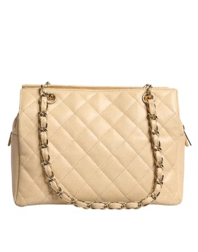 Pre-owned Chanel Beige Caviar De Coco Chain Leather Purse Women's Bag