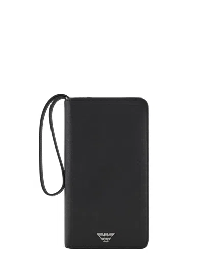 Emporio Armani Official Store Asv Large Currency Holder In Regenerated Saffiano Leather With Eagle Plate In Black