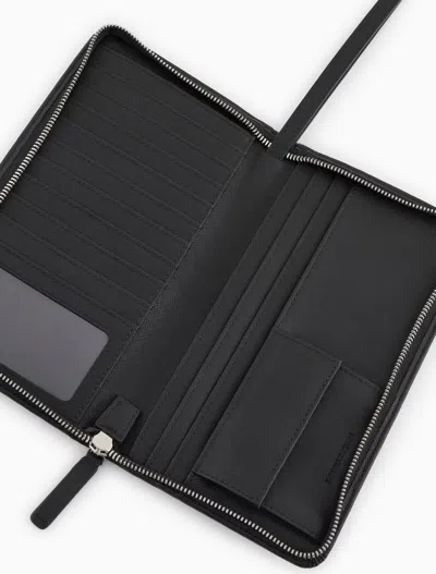 Emporio Armani Official Store Asv Large Currency Holder In Regenerated Saffiano Leather With Eagle Plate In Black