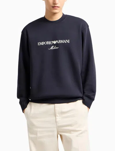 Emporio Armani Blue Crewneck Sweatshirt With Maxi Logo Lettering On The Front In Cotton Blend Stretch Man In Navy Dis 1 Embro