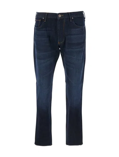 Emporio Armani Blue Five Pocket Jeans With Logo Patch On The Back In Medium Blue Denim 0942