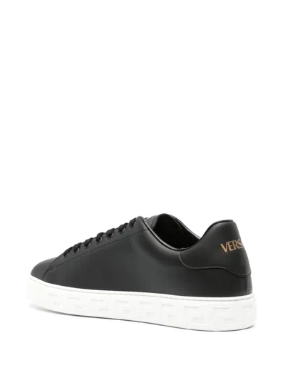 Versace Leather Sneakers With La Greca Detail In Black