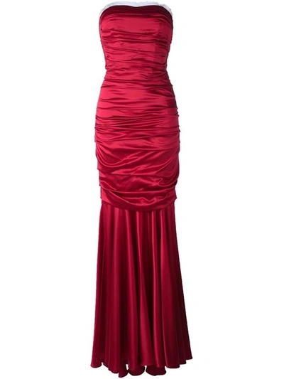 Dolce & Gabbana Ruched Strapless Silk-blend Satin Gown In Dark Red