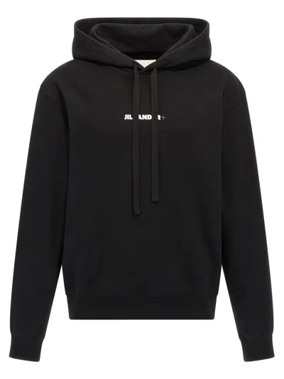 Jil Sander Relaxed Fit Black Cotton Hoodie With Logo Print In Black