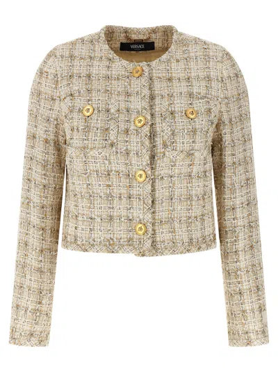 Versace Long Sleeves Tweed Blazer With Front Pockets In Multicolor