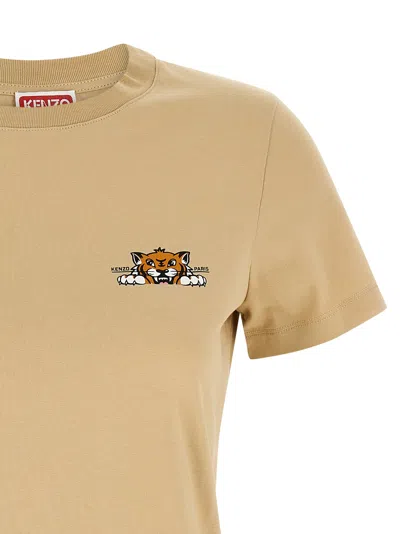 Kenzo 'happy Tiger' Graphic Print Crew Neck T-shirt In Beige