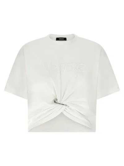 Versace Pale Pink Cotton Cropped Logo T-shirt In White