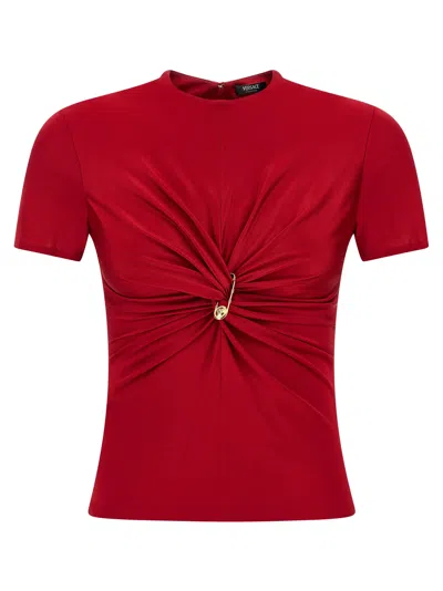 Versace Safety Pin Gathered Viscose Top In Red