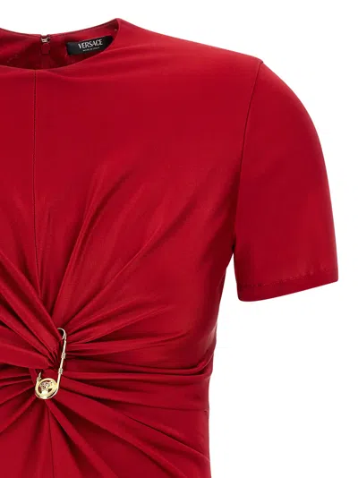 Versace Safety Pin Gathered Viscose Top In Red
