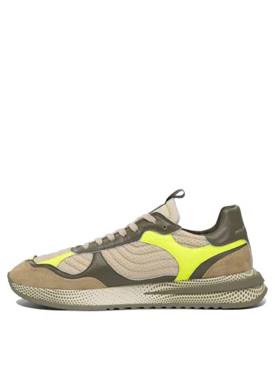 Philippe Model Olympique Sneakers In Leather And Fabric Color Military Green And Yellow In Brown