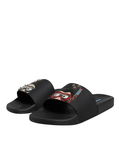Dolce & Gabbana Black Divers Leather Flats Slides Sandals Beachwear Men's Shoes In Black
