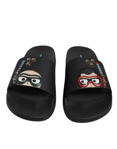 Dolce & Gabbana Black Divers Leather Flats Slides Sandals Beachwear Men's Shoes In Black