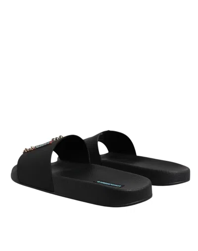 Dolce & Gabbana Black Divers Leather Flats Slides Sandals Beachwear Men's Shoes In Black