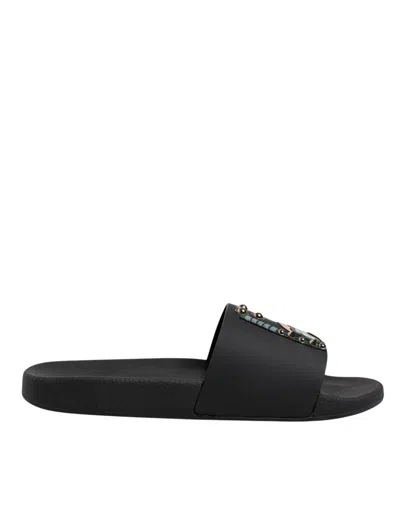 Dolce & Gabbana Black Divers Leather Flats Slides Sandals Beachwear Men's Shoes In Black