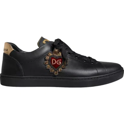 Dolce & Gabbana Black Leather Heart Embellished Sneakers Shoes In Black
