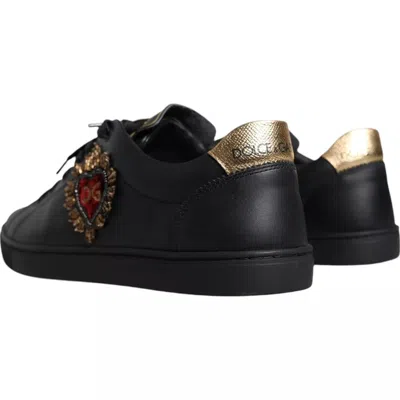 Dolce & Gabbana Black Leather Heart Embellished Sneakers Shoes In Black