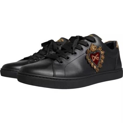 Dolce & Gabbana Black Leather Heart Embellished Sneakers Shoes In Black