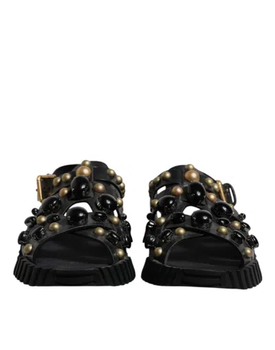 Dolce & Gabbana Black Leather Studded Slides Sandals Men's Shoes In Black