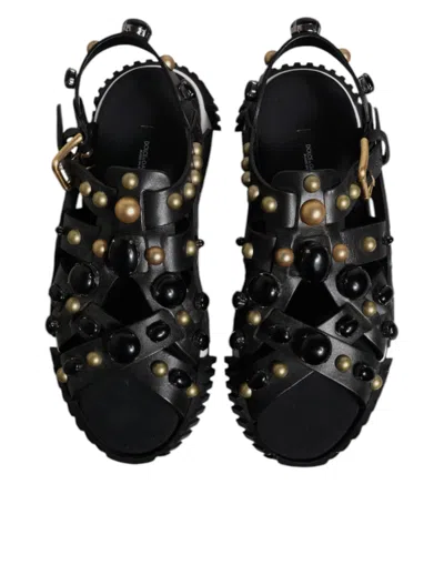 Dolce & Gabbana Black Leather Studded Slides Sandals Men's Shoes In Black