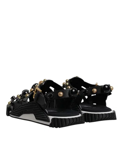 Dolce & Gabbana Black Leather Studded Slides Sandals Men's Shoes In Black