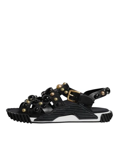 Dolce & Gabbana Black Leather Studded Slides Sandals Men's Shoes In Black