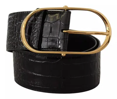 Dolce & Gabbana Wide Embossed Leather Gold Metal Buckle Women's Belt In Black
