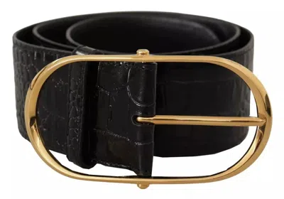 Dolce & Gabbana Wide Embossed Leather Gold Metal Buckle Women's Belt In Black