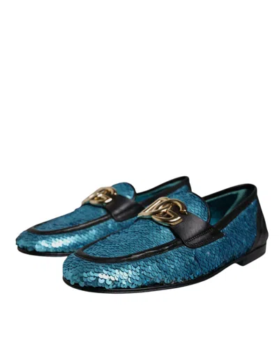 Dolce & Gabbana Sequined Loafers Formal Dress Men's Shoes In Blue