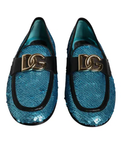 Dolce & Gabbana Sequined Loafers Formal Dress Men's Shoes In Blue
