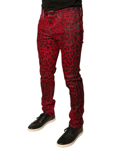 Dolce & Gabbana Red Leopard Cotton Stretch Skinny Denim Men's Jeans In Red