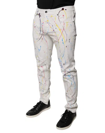 Dolce & Gabbana White Color Splash Print Skinny Denim Men's Jeans In White