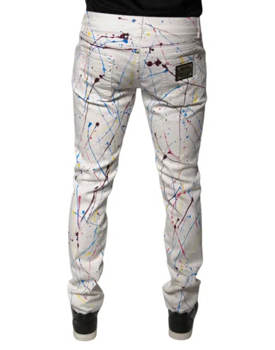 Dolce & Gabbana White Color Splash Print Skinny Denim Men's Jeans In White