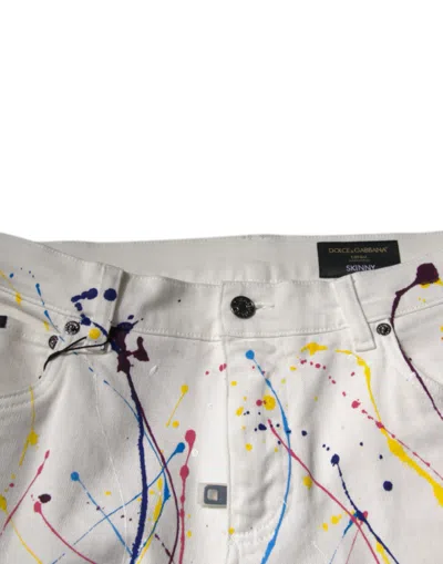 Dolce & Gabbana White Color Splash Print Skinny Denim Men's Jeans In White