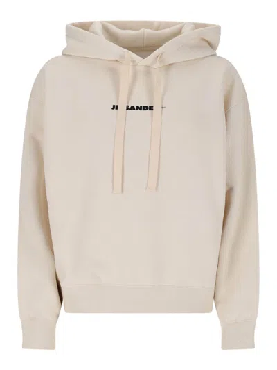 Jil Sander Logo Cotton Hoodie With Drawstring Hood In White
