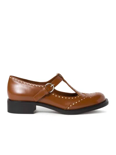 Miu Miu Brushed Leather T-strap Brogue Shoes In Brown