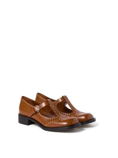 Miu Miu Brushed Leather T-strap Brogue Shoes In Brown