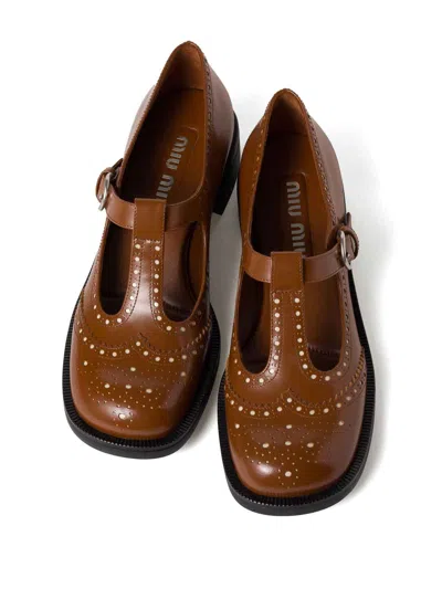 Miu Miu Brushed Leather T-strap Brogue Shoes In Brown