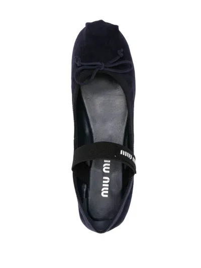 Miu Miu Suede Logo Ballet Flats In Blue