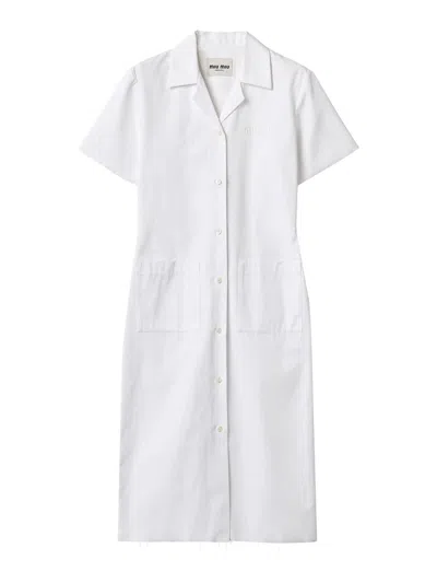 Miu Miu Short-sleeve Poplin Button Down Midi Dress In White