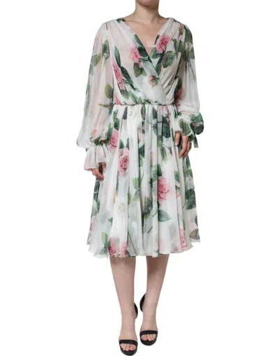 Dolce & Gabbana White Silk Floral Print A-line Midi Dress In White